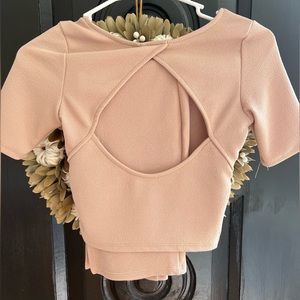 Nude 2 piece capped sleeve/mini skirt set